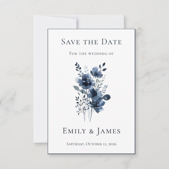 Reserva La Fecha Navy Blue Botanical Wedding (Anverso)