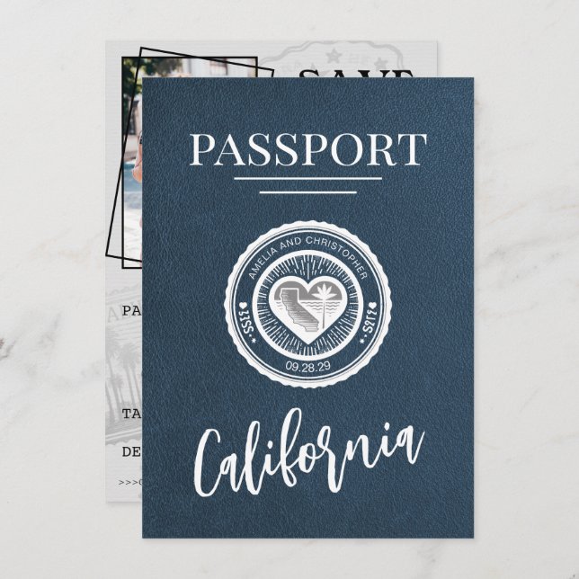 Reserva La Fecha Navy Blue California Passport Save the Date (Anverso / Reverso)