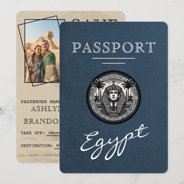 Reserva La Fecha Navy Blue Egypt Passport Wedding Save the Date (Anverso / Reverso)