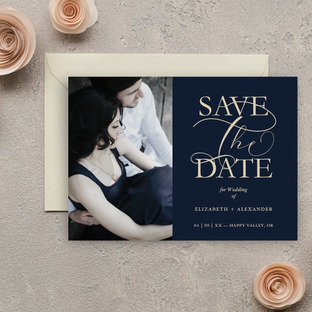 Reserva La Fecha Navy Blue Fancy Trendy Wedding Photo Faux Gold (Navy Blue Fancy Trendy Wedding Photo Faux Gold Save the Date Card with Envelope.)