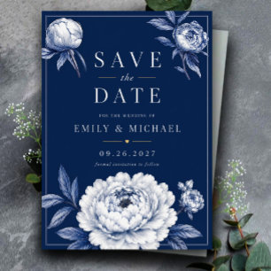 Reserva La Fecha Navy Blue Floral Elegant White Peony