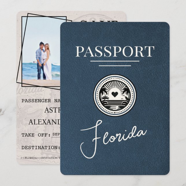 Reserva La Fecha Navy Blue Florida Passport Save the Date (Anverso / Reverso)