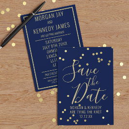 Reserva La Fecha Navy Blue Gold Confetti Flat Save The Date Card