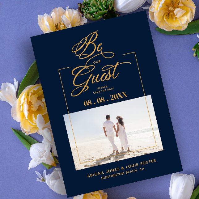 Reserva La Fecha Navy Blue & Golden Sophisticated Minimalist Photo  (Navy Blue & Golden Sophisticated Minimalist Photo Elegant Script Save the Date Card with Envelope.)