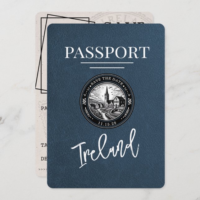 Reserva La Fecha Navy Blue Ireland Passport Save the Date (Anverso / Reverso)