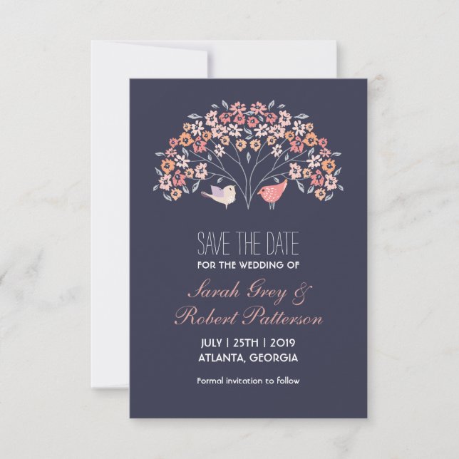 Reserva La Fecha Navy Blue Love Birds Flower Wedding Save The Date (Anverso)