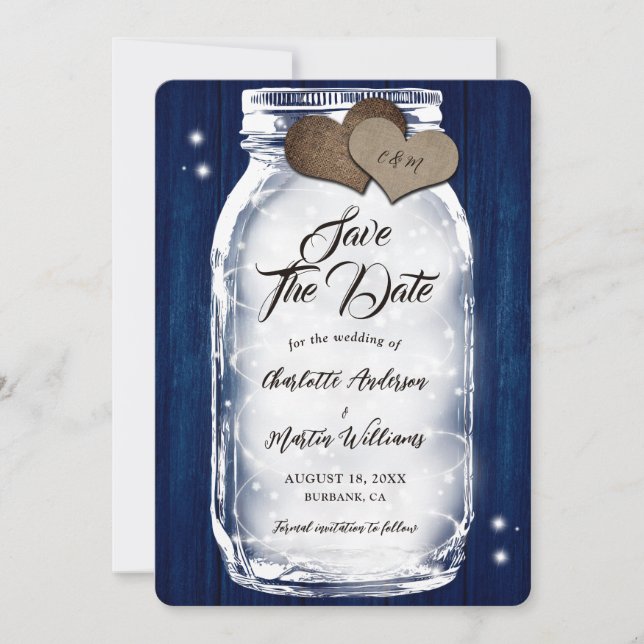 Reserva La Fecha Navy Blue Mason Jar String ilumina a Boda de mader (Anverso)