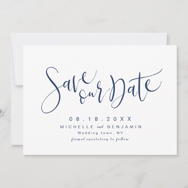 Reserva La Fecha Navy Blue Modern Simple Script Guardar La Fecha (Anverso)