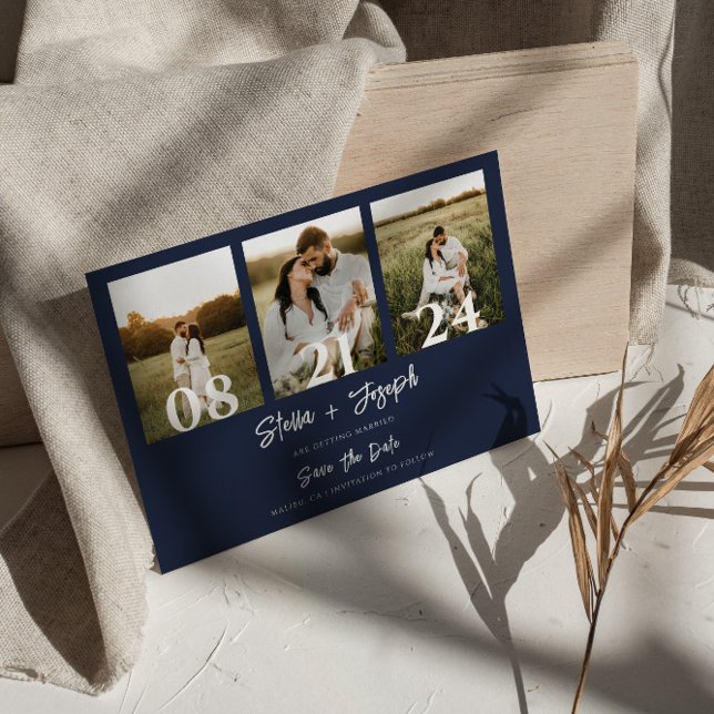 Reserva La Fecha Navy Blue Modern Tres fotos Collage Moda Boda (Subido por el creador)