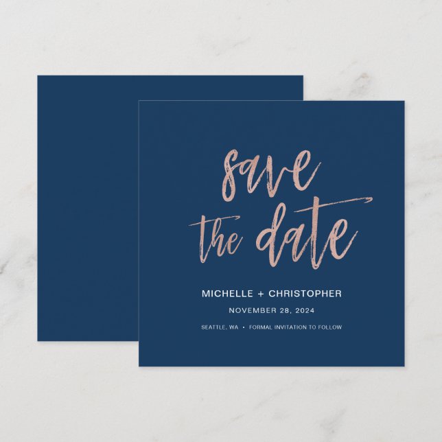 Reserva La Fecha Navy Blue & Rosa Gold Save The Date Square Card (Anverso / Reverso)