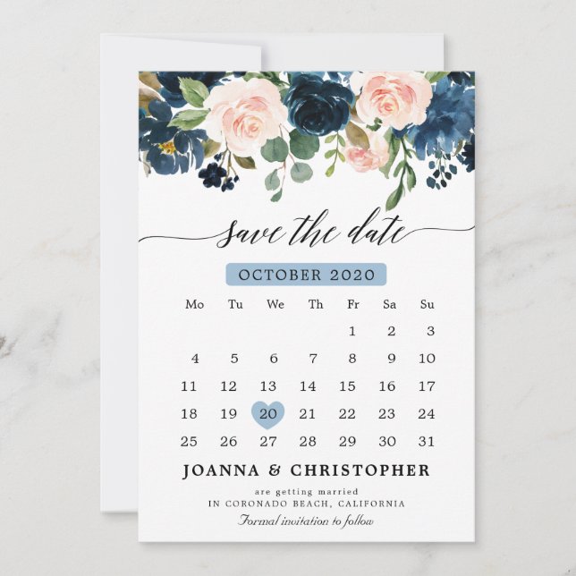 Reserva La Fecha Navy Blue Rubor Rosa Botánico Save the Date (Anverso)