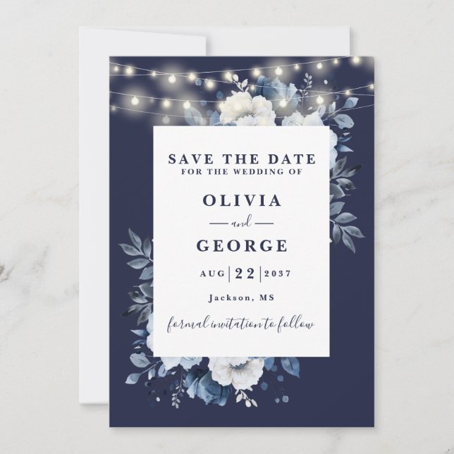 Reserva La Fecha Navy Blue Rustic String ilumina a Boda floral (Anverso)