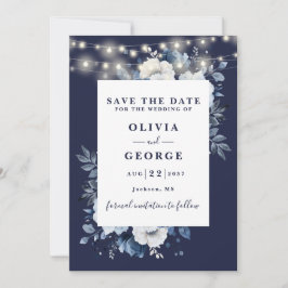Reserva La Fecha Navy Blue Rustic String ilumina a Boda floral