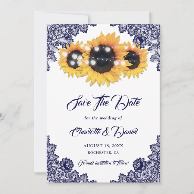 Reserva La Fecha Navy Blue Sunflower Floral Lace Rustic Wedding (Anverso)