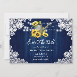 Reserva La Fecha Navy Blue Sunflower Wood Lace Waters Can Boda