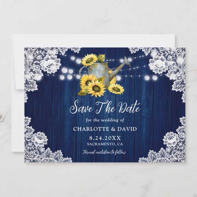 Reserva La Fecha Navy Blue Sunflower Wood Lace Waters Can Boda (Anverso)