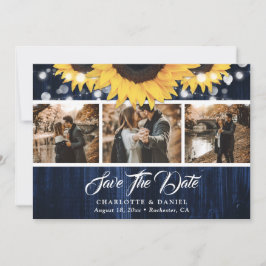 Reserva La Fecha Navy Blue Sunflower Wood Lights Wedding Photo
