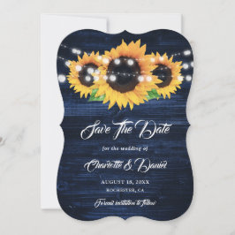 Reserva La Fecha Navy Blue Sunflower Wood String Lights Wedding