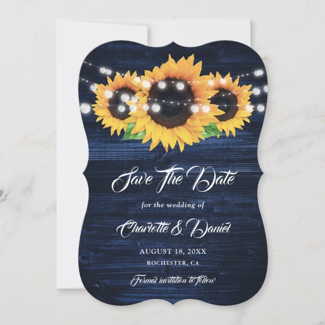 Reserva La Fecha Navy Blue Sunflower Wood String Lights Wedding (Anverso)