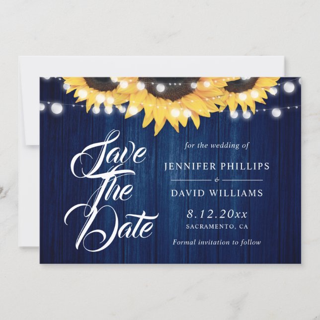 Reserva La Fecha Navy Blue Wood String Lights Sunflower Wedding (Anverso)