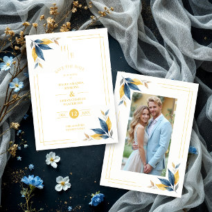 Reserva La Fecha Navy Blue & Yellow Botanical Leaves Corner Photo