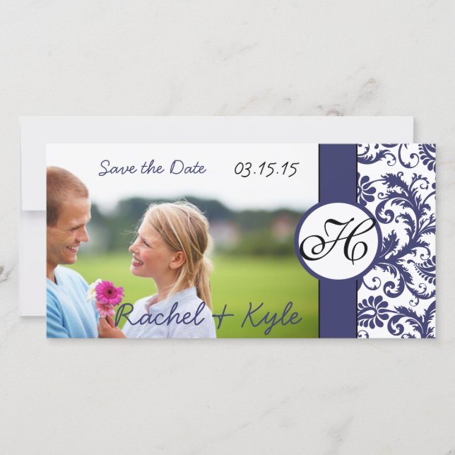 Reserva La Fecha Navy Damask Save the Date (Anverso)