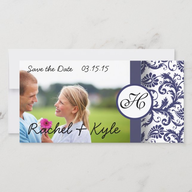 Reserva La Fecha Navy Damask Save the Date (Anverso)