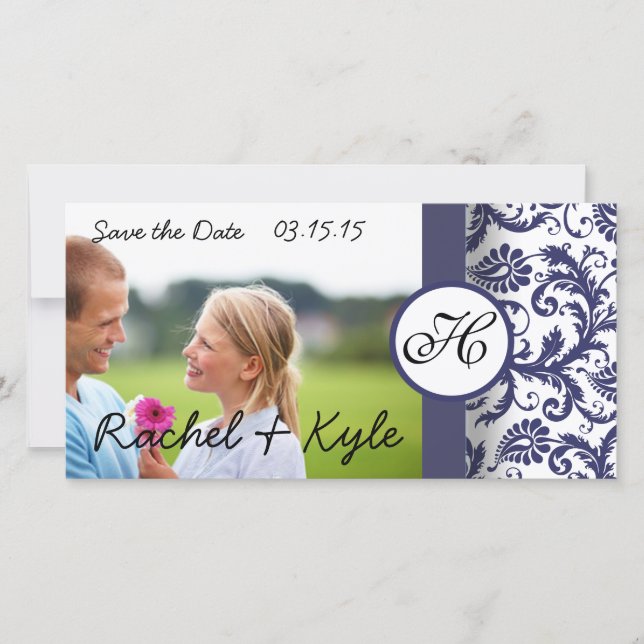 Reserva La Fecha Navy Damask Save the Date (Anverso)