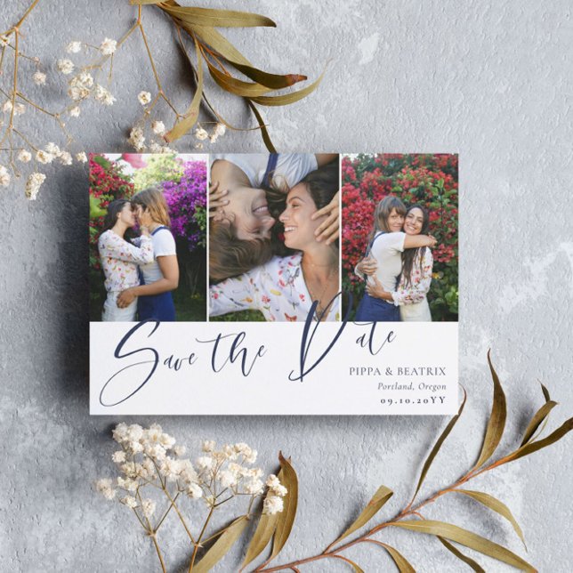 Reserva La Fecha Navy Double Sided Photos Wedding Save the Date (Subido por el creador)