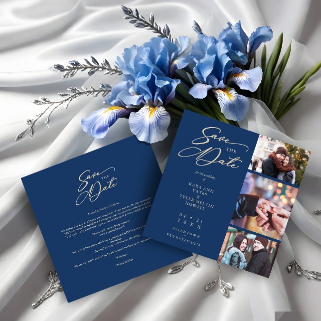 Reserva La Fecha Navy Fancy Collage 3 Photos Couple Wedding (Navy Fancy Collage 3 Photos Couple Wedding Engaged Save the Date.)