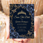 Reserva La Fecha Navy Gold Butterflies Roses Quinceanera<br><div class="desc">Navy Blue and gold Quinceanera celebration Save The Date card. Features,  script font,  butterflies,  watercolor roses and tiara. Perfect for an elegant princess style glam celebration. Personalize with your own details. Printed Zazzle cards or instant download digital printable template.</div>