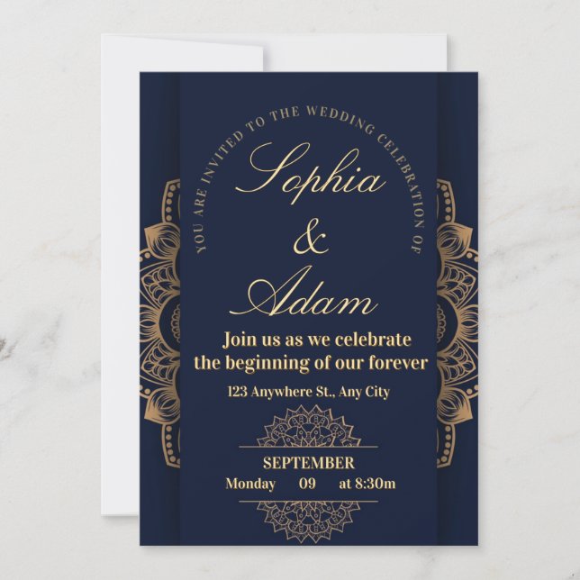 Reserva La Fecha Navy & Gold Mandala Invitation (Anverso)