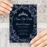 Reserva La Fecha Navy Silver Butterflies Roses Quinceanera<br><div class="desc">Navy Blue and silver Quinceanera celebration Save The Date card. Features,  script font,  butterflies,  watercolor roses and tiara. Perfect for an elegant princess style glam celebration. Personalize with your own details. Printed Zazzle cards or instant download digital printable template.</div>