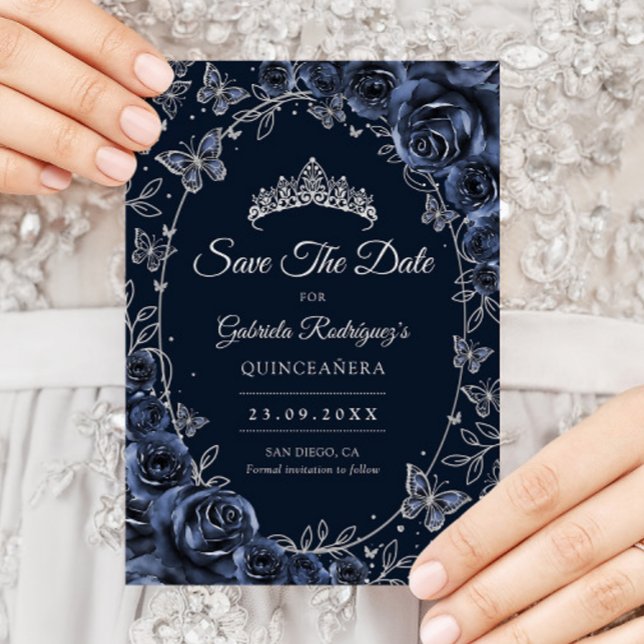 Reserva La Fecha Navy Silver Butterflies Roses Quinceanera (Subido por el creador)