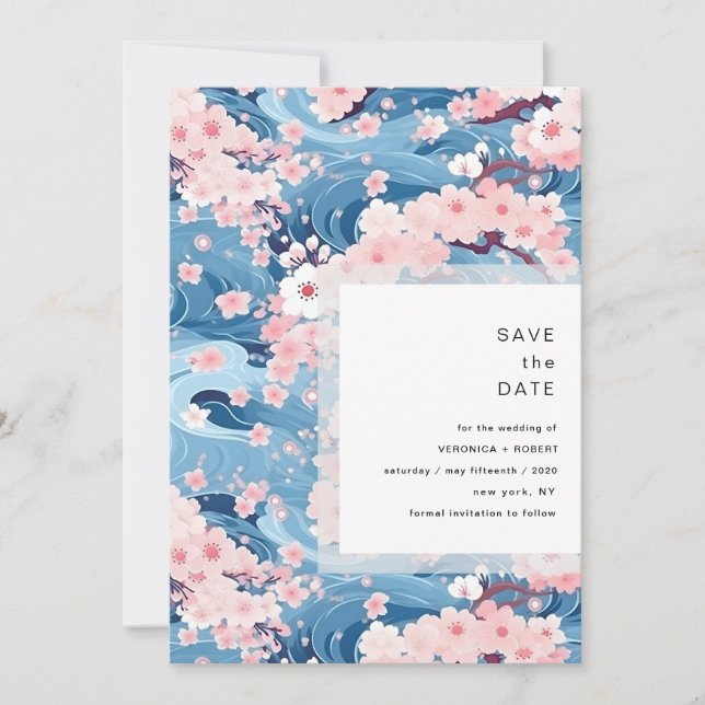 Reserva La Fecha Navy Waves Sakura Blossom Modern Wedding (Anverso)
