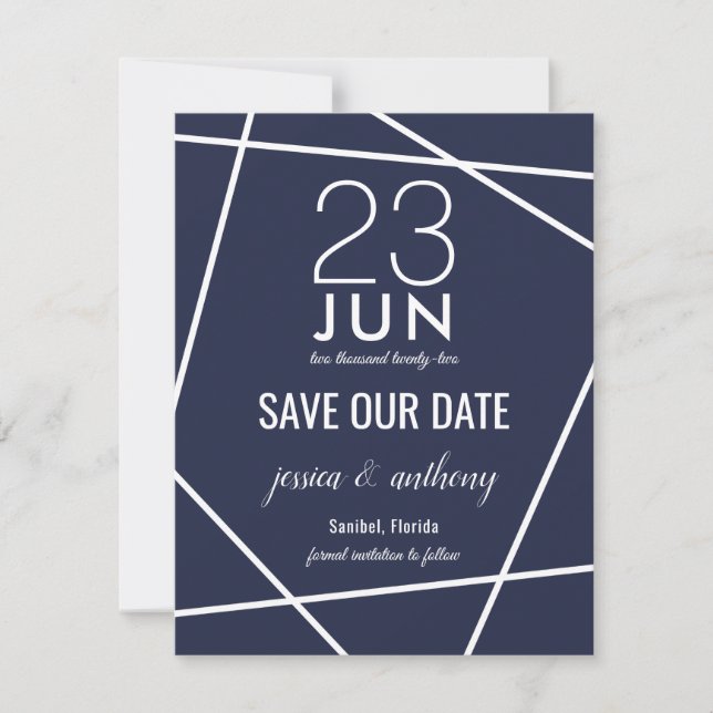Reserva La Fecha Navy y White Simple Geometric Save the Date (Anverso)
