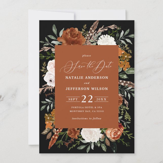 Reserva La Fecha Negro botánico rústico elegante boda moderno ahorr (Anverso)