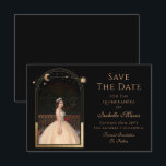 Reserva La Fecha Negro Celestial Salva La Fecha Cumpleaños Quincean<br><div class="desc">Celestial Black Save The Date Birthday Quinceanera Invitation presenta un sol dorado, luna y estrellas enmarcadas en un fondo negro. Adentro está tu foto favorita y tu personalizado Quinceanera guarda la información de la fecha. Personalice editando el texto en los cuadros de texto y agregando su foto favorita. Diseñado para...</div>