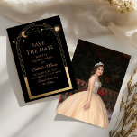 Reserva La Fecha Negro Celestial Salva La Fecha Cumpleaños Quincean<br><div class="desc">Celestial Black Save The Date Birthday Quinceanera Invitation presenta un sol dorado, luna y estrellas enmarcadas en un fondo negro. Adentro está su personalizado Quinceanera guardar la información de fecha y al revés agregar su foto favorita. Personalice editando el texto en los cuadros de texto. Diseñado para usted por ©2024...</div>
