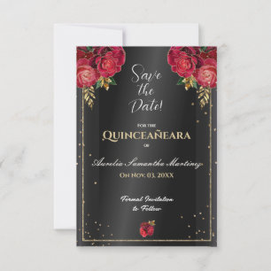 Reserva La Fecha Negro con rosas rojas Quinceañera Guardar la fecha