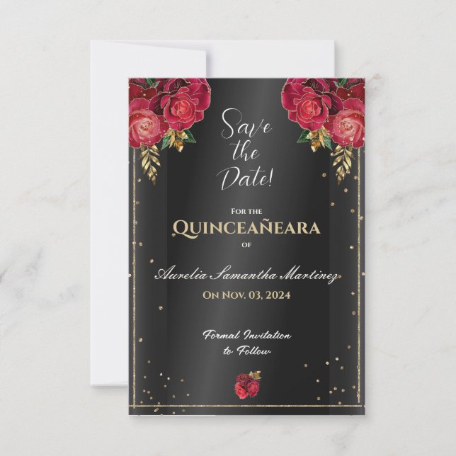 Reserva La Fecha Negro con rosas rojas Quinceañera Guardar la fecha (Anverso)