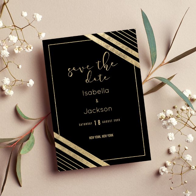 Reserva La Fecha Negro moderno falso oro geométrico (Modern black faux gold geometrical save the date)