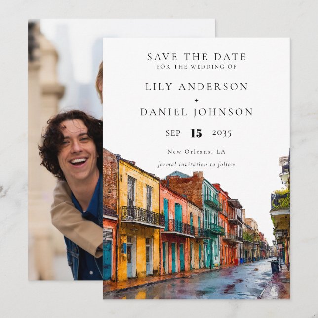 Reserva La Fecha New Orleans Watercolor Photo Wedding (Anverso / Reverso)