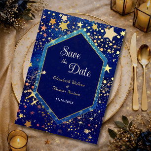 Reserva La Fecha Noche celestial mágica de boda dorada azul estrell