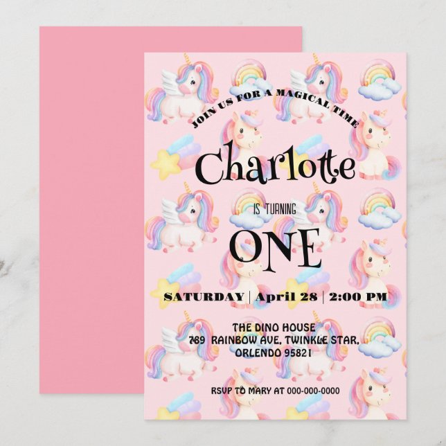 Reserva La Fecha Noche de cumpleaños Rainbow unicorn moderno (Anverso / Reverso)