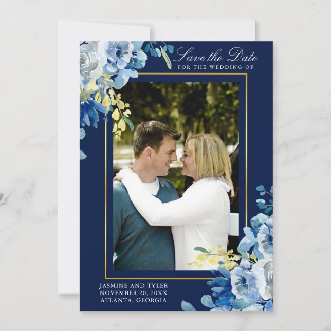 Reserva La Fecha Noche Navy Blue Gold Photo Floral Elegante (Anverso)