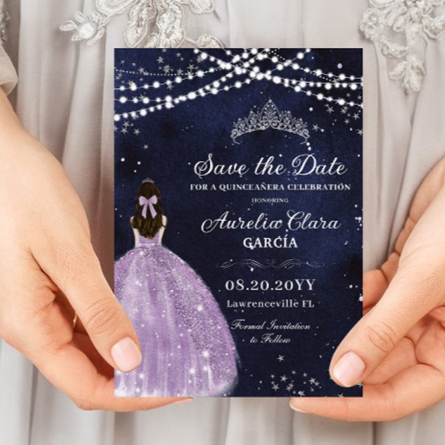 Reserva La Fecha Noche Starry Morple Lilac Gown Silver Quinceañera (starry night quinceanera sweet 16 birthday purple lilac dress dark sky save the date cards )