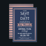Reserva La Fecha Nombre hebreo Bat Mitzvah Marina Rosa Azul Oro<br><div class="desc">Invitar a la familia y amigos a una elegante ceremonia de mitzvah del murciélago y celebración por ella con esta medalla de oro azul marino, blanco y rosa rosa rosado salven la invitación a la cita. Todo el texto es sencillo para el personalizar, por lo que puede incluir cualquier texto...</div>