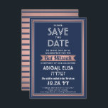 Reserva La Fecha Nombre hebreo Bat Mitzvah Marina Rosa Azul Oro<br><div class="desc">Invitar a la familia y amigos a una elegante ceremonia de mitzvah del murciélago y celebración por ella con esta medalla de oro azul marino, blanco y rosa rosa rosado salven la invitación a la cita. Todo el texto es sencillo para el personalizar, por lo que puede incluir cualquier texto...</div>