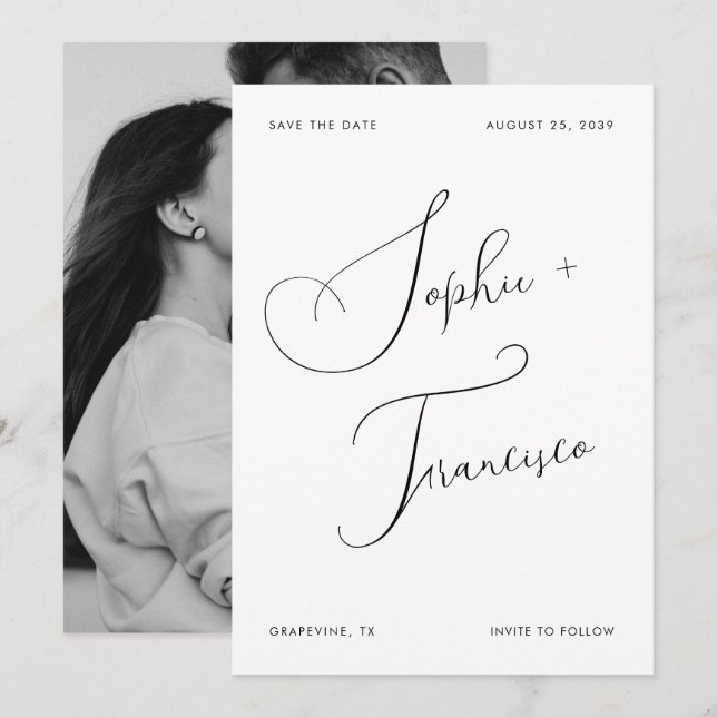 Reserva La Fecha Nombres de boda modernos con letra de caligrafía e (Anverso / Reverso)